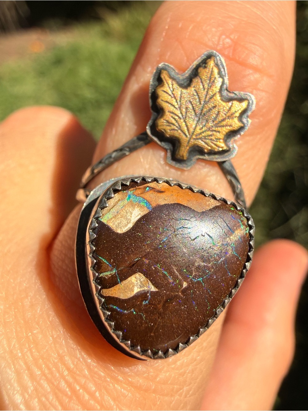 Sterling Silver Boulder Opal Ring Maple Leaf Natural Australian Opal Statement